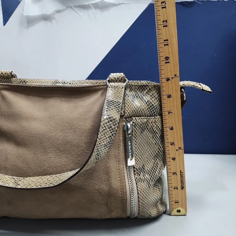 Michael Kors Shoulder Bag Womens Brown Snakeskin Print Suede Leather Zip Closure